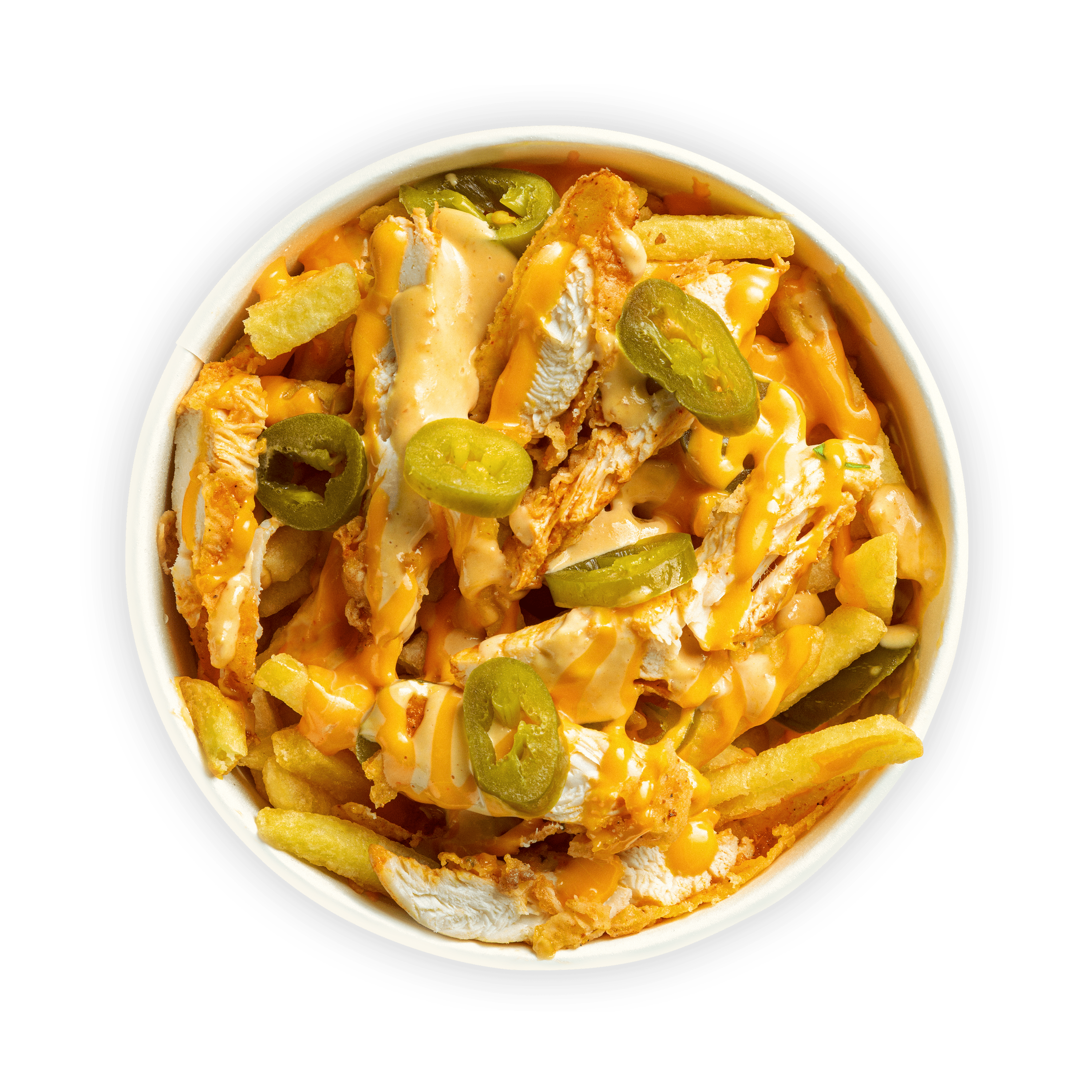 Chicken and Cheese Fries - Succulent chicken strips & fries topped with cheese sauce, jalapeños & our 'Signature Classic' sauce.