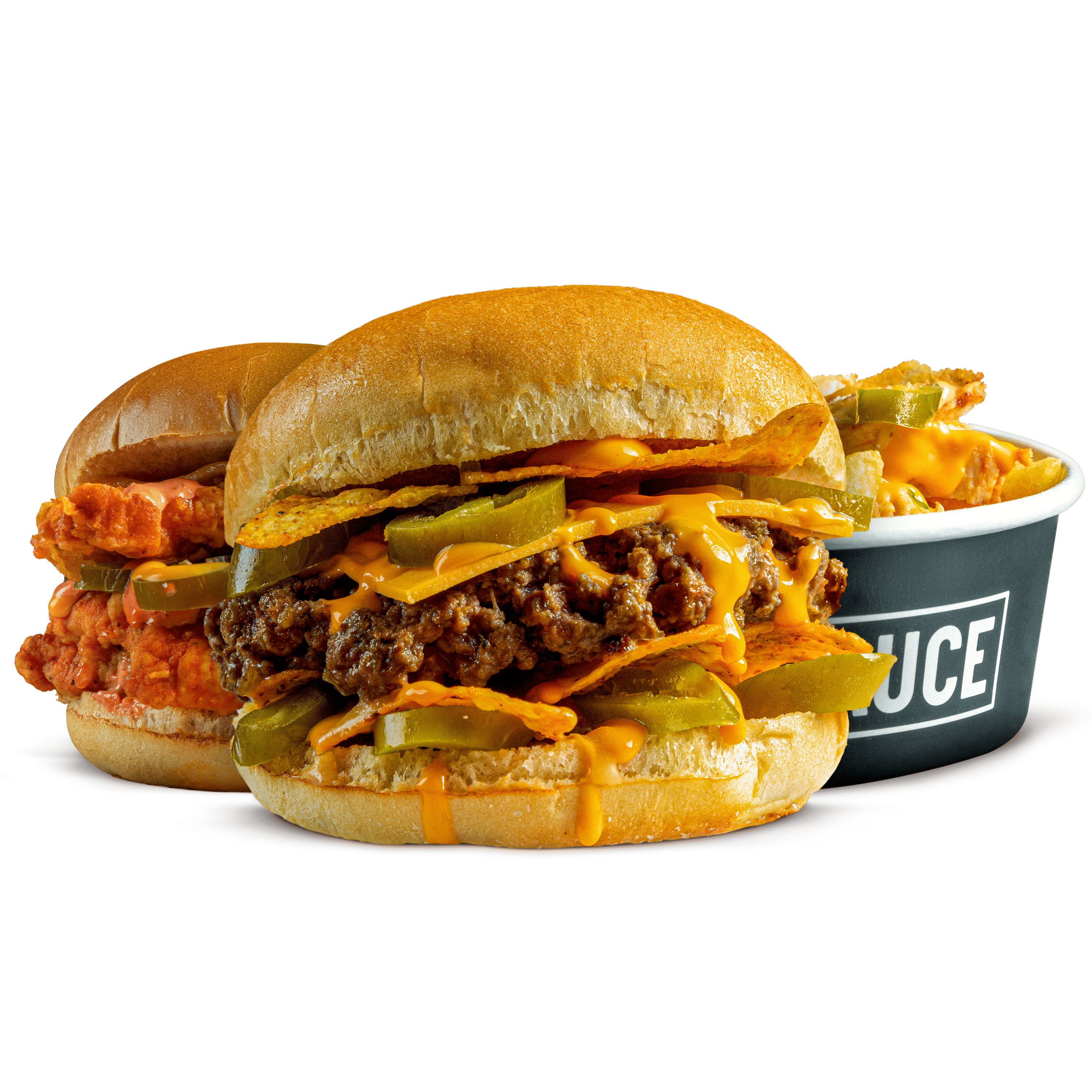 Burger & Sauce -The Limited Range - Fiery Legend Burger, Cheese & Chicken Fries, Beef Nacho Melt Burger
