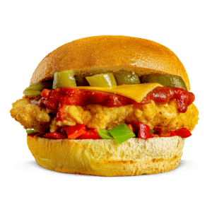 Mexican El Supremo Burger Juicy fried chicken topped with Mexican sauce, cheese slice, peppers and jalapeños.