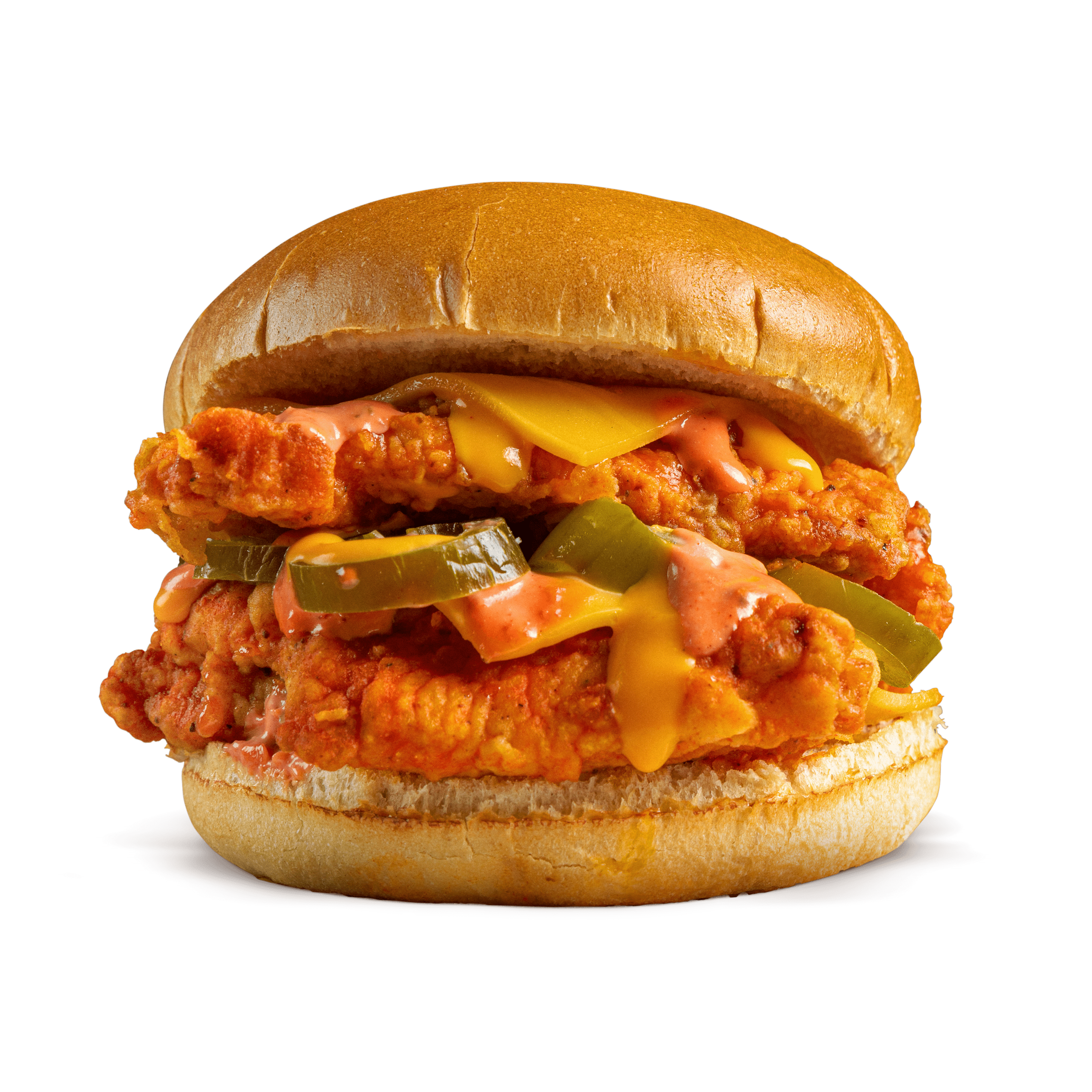 The Fiery Legend Burger - Meet our hottest chicken burger, topped with cheese, jalapeños and fiery sauce.