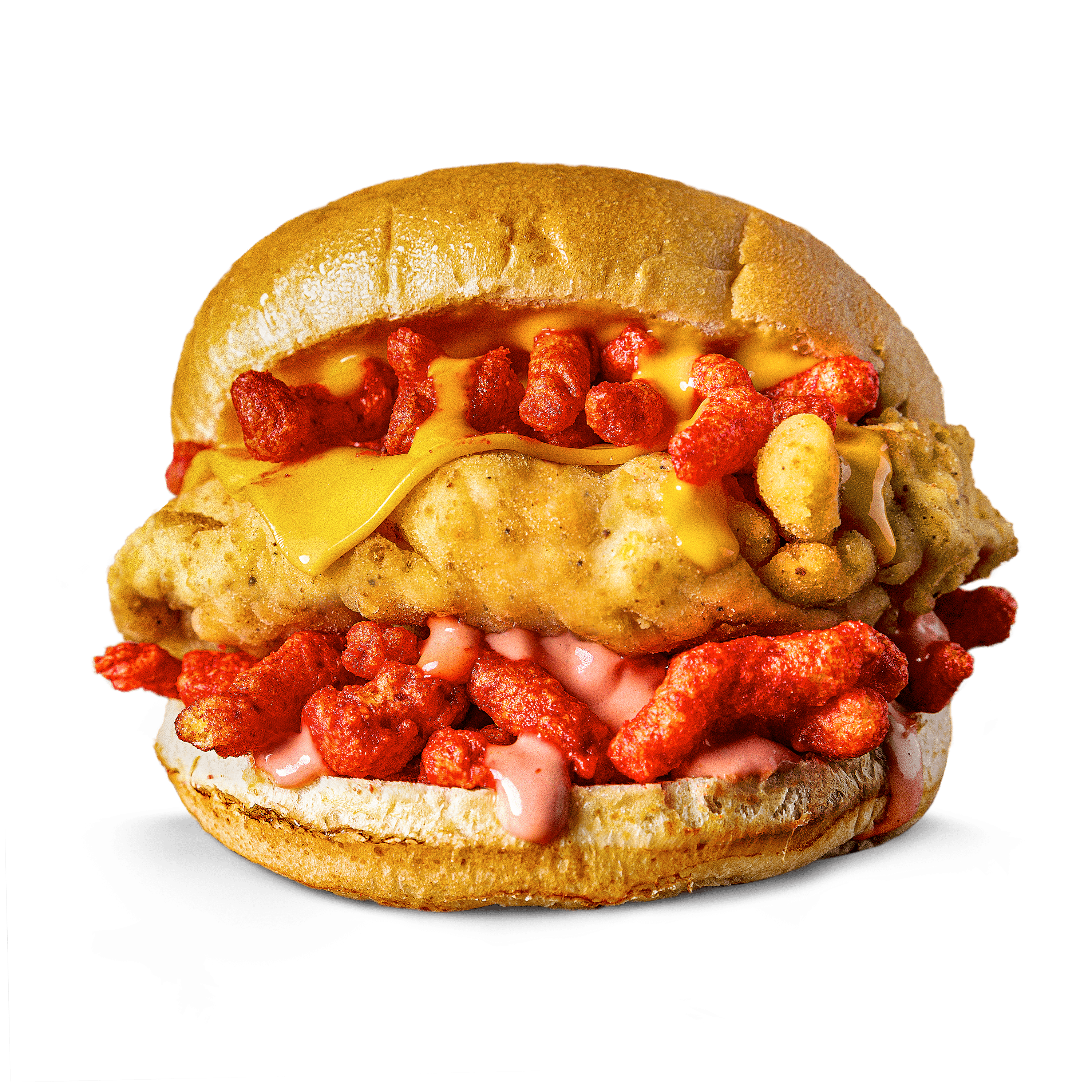 The Firecracker Burger - Spicy chicken burger topped with cheese, cheese sauce & 'Hot Cheetos'